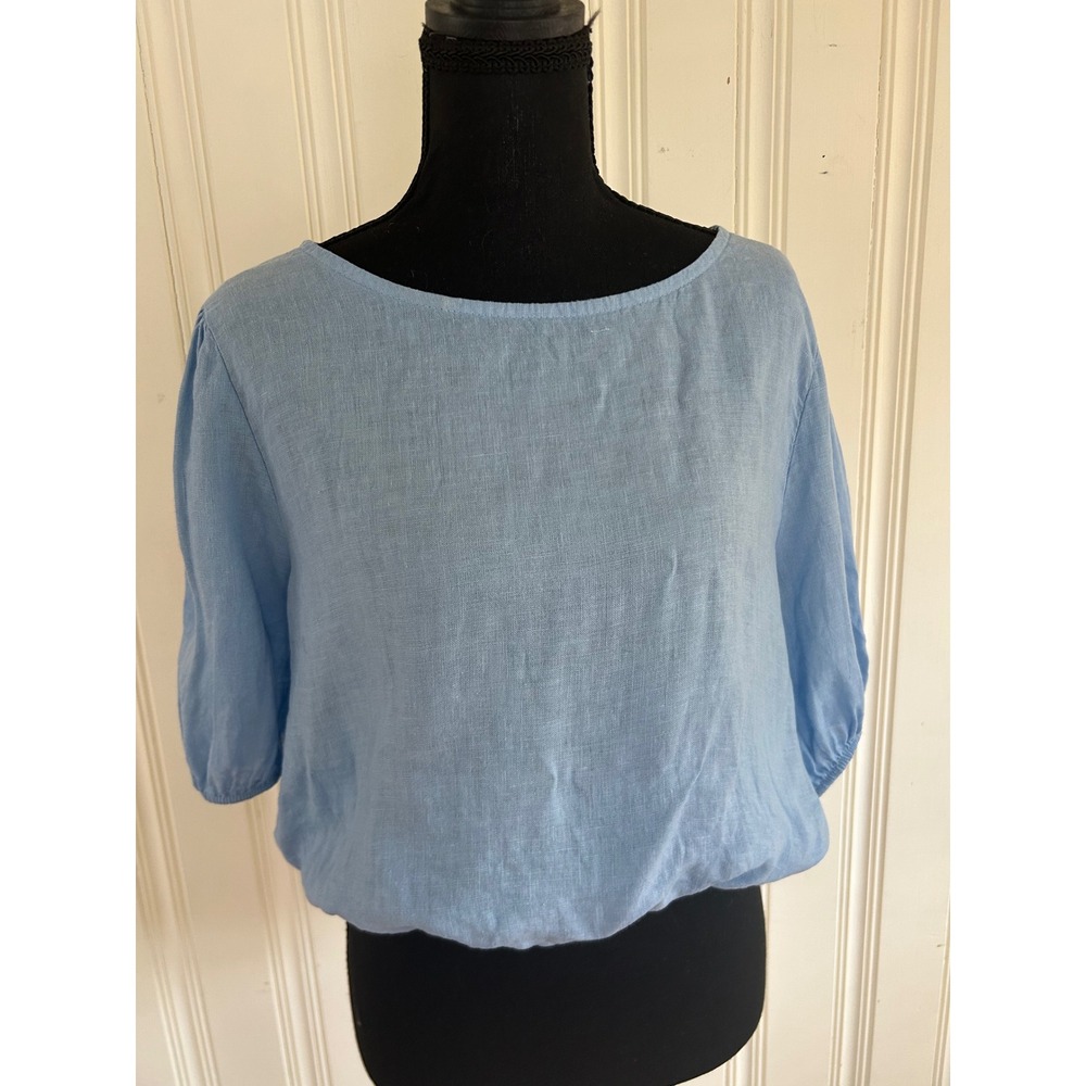 Bellambra Italy Light Blue 100% Linen Puff Sleeve Bubble Hem Crop Top Womens M